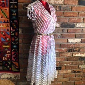 VTG SHEER FLORAL RIBBON STRIPED FAUX WRAP SLEEVELESS DRESS Gold Snakeskin Belt M